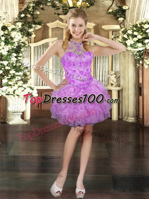 Nice Lilac Sleeveless Mini Length Beading and Ruffles Lace Up Cocktail Dress