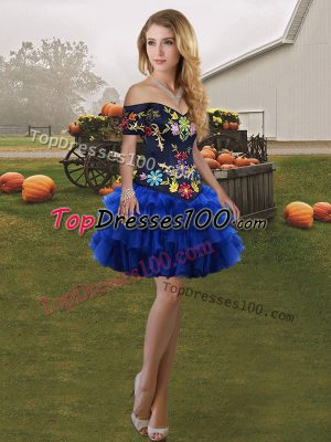 Off The Shoulder Sleeveless Lace Up Prom Gown Royal Blue Organza