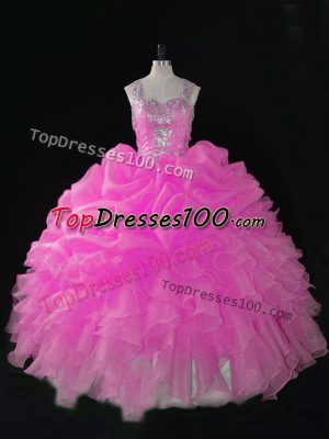 Hot Pink Sleeveless Floor Length Beading and Ruffles and Pick Ups Zipper Quinceanera Gowns