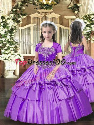 Lavender Girls Pageant Dresses Party and Wedding Party with Beading and Ruffled Layers Straps Sleeveless Lace Up