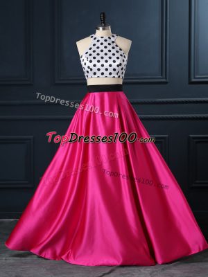 Best Selling Floor Length Hot Pink Prom Dresses Scoop Sleeveless Lace Up