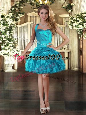 Beautiful Sleeveless Organza Mini Length Lace Up Pageant Dress for Teens in Turquoise with Ruffles