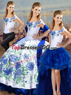 Trendy Blue And White Off The Shoulder Neckline Embroidery Sweet 16 Quinceanera Dress Sleeveless Lace Up