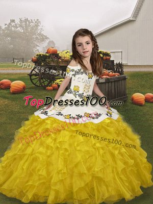 Perfect Gold Little Girl Pageant Dress Party and Military Ball and Wedding Party with Embroidery and Ruffles Straps Sleeveless Lace Up