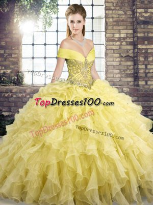 Yellow Sleeveless Brush Train Beading and Ruffles Sweet 16 Dress