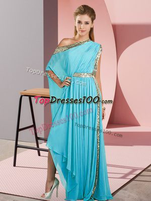 Beautiful Sequins Prom Gown Aqua Blue Side Zipper Sleeveless Asymmetrical