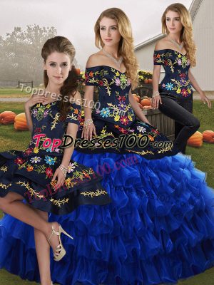 Blue And Black Sleeveless Embroidery and Ruffled Layers Floor Length Quinceanera Dresses