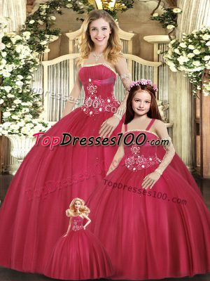 Strapless Sleeveless Quince Ball Gowns Floor Length Beading Red Tulle