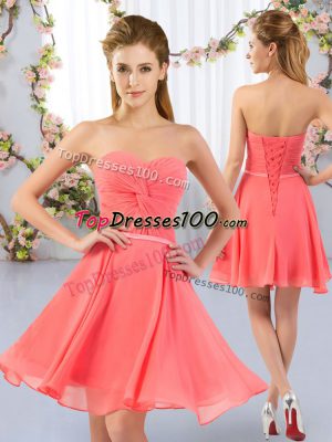 Watermelon Red Empire Sweetheart Sleeveless Chiffon Mini Length Lace Up Ruching Quinceanera Court Dresses