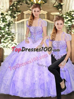 Lavender Tulle Lace Up Strapless Sleeveless Floor Length Ball Gown Prom Dress Beading and Appliques and Ruffles