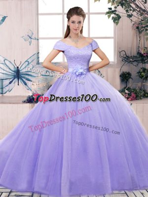 Flirting Lavender 15th Birthday Dress Military Ball and Sweet 16 and Quinceanera with Lace and Hand Made Flower Off The Shoulder Short Sleeves Lace Up