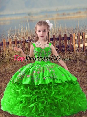 Fabric With Rolling Flowers Straps Sleeveless Sweep Train Lace Up Embroidery Pageant Gowns For Girls in