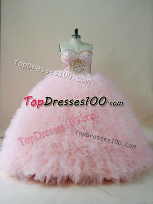 Sleeveless Brush Train Beading and Ruffles Lace Up Sweet 16 Dress