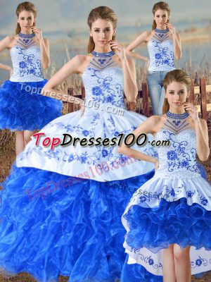 Blue And White Quinceanera Dress Sweet 16 and Quinceanera with Embroidery and Ruffles Halter Top Sleeveless Lace Up