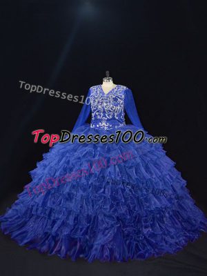 Simple Ball Gowns Ball Gown Prom Dress Royal Blue V-neck Organza Long Sleeves Floor Length Lace Up