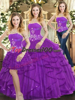 High Class Tulle Strapless Sleeveless Lace Up Beading and Ruffles Quinceanera Dress in Purple