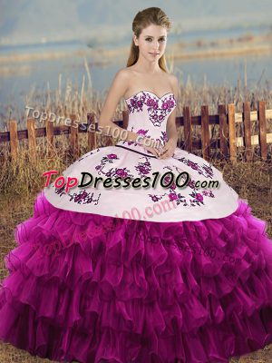 Eye-catching Floor Length Fuchsia Quince Ball Gowns Organza Sleeveless Embroidery and Ruffled Layers and Bowknot