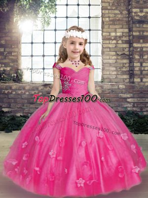 Fashion Beading and Hand Made Flower Little Girls Pageant Gowns Hot Pink Lace Up Sleeveless Floor Length