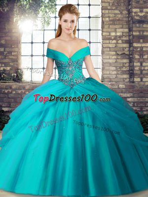 Romantic Teal Off The Shoulder Neckline Beading and Pick Ups Quinceanera Dress Sleeveless Lace Up