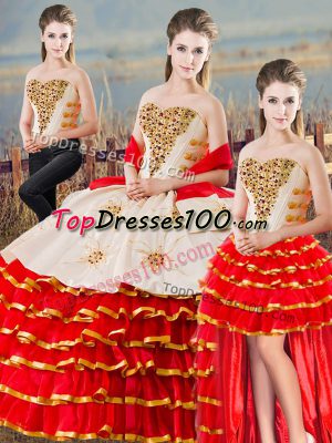 Pretty Floor Length Lace Up 15th Birthday Dress White And Red for Sweet 16 and Quinceanera with Beading and Ruffled Layers