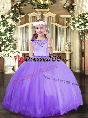 Dramatic Lavender Tulle Zipper Scoop Sleeveless Floor Length Little Girl Pageant Dress Lace