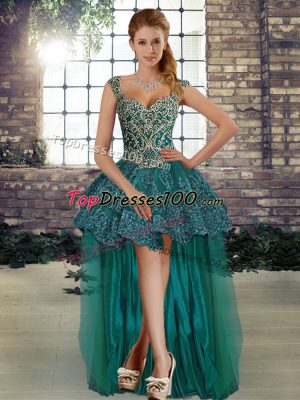 Pretty High Low Dark Green Celebrity Style Dress Straps Sleeveless Lace Up