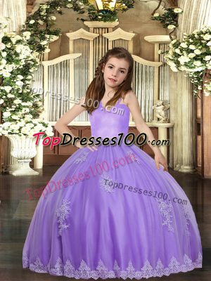 Customized Lavender Ball Gowns Straps Sleeveless Tulle Floor Length Lace Up Appliques Girls Pageant Dresses
