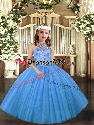 Lovely Baby Blue Halter Top Neckline Beading Kids Formal Wear Sleeveless Lace Up