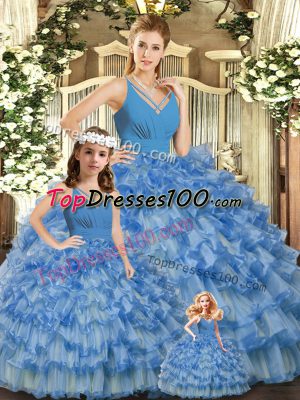 Customized V-neck Sleeveless Organza Quinceanera Dresses Ruffled Layers and Ruching Backless