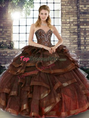 Vintage Sleeveless Tulle Floor Length Lace Up Quinceanera Dresses in Brown with Beading and Ruffles