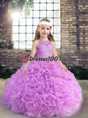 Great Lilac Lace Up Scoop Beading Kids Pageant Dress Fabric With Rolling Flowers Sleeveless