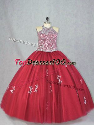 Luxurious Red Halter Top Neckline Beading and Appliques Sweet 16 Dress Sleeveless Lace Up