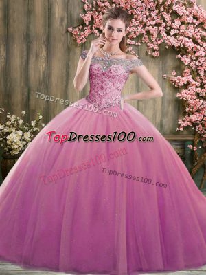Tulle Off The Shoulder Sleeveless Lace Up Beading Sweet 16 Quinceanera Dress in Lilac