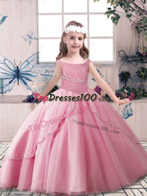 Fashionable Beading Pageant Gowns For Girls Rose Pink Lace Up Sleeveless Floor Length