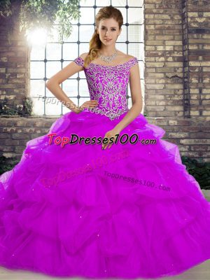 Purple Lace Up Quinceanera Dress Beading and Pick Ups Sleeveless Brush Train