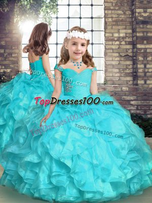 Organza Straps Sleeveless Lace Up Beading and Ruffles Girls Pageant Dresses in Aqua Blue