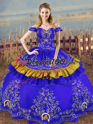 Blue Ball Gowns Satin Off The Shoulder Sleeveless Embroidery Floor Length Lace Up Quinceanera Dress