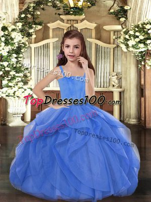 Lovely Floor Length Blue Pageant Gowns For Girls Straps Sleeveless Lace Up