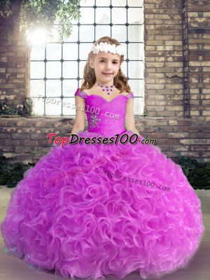 Pretty Sleeveless Fabric With Rolling Flowers Floor Length Lace Up Kids Formal Wear in Lilac with Beading and Ruching