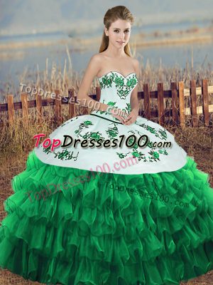 Modern Green Ball Gowns Organza Sweetheart Sleeveless Embroidery and Ruffled Layers and Bowknot Floor Length Lace Up Ball Gown Prom Dress