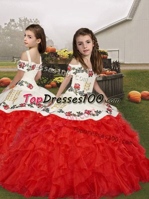 Red Organza Lace Up Straps Sleeveless Floor Length Little Girl Pageant Dress Embroidery and Ruffles