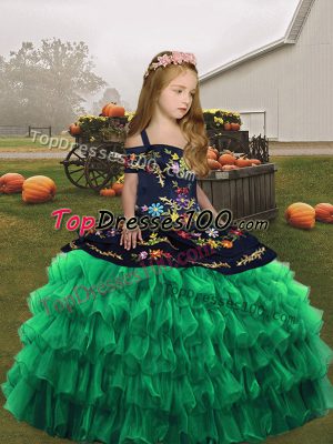 Perfect Floor Length Green Child Pageant Dress Straps Sleeveless Lace Up
