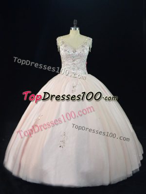Deluxe Beading Sweet 16 Dresses Pink Lace Up Sleeveless Floor Length