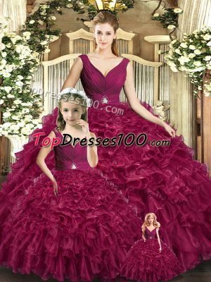 Stylish Burgundy Sleeveless Floor Length Beading and Ruffles Backless Quince Ball Gowns