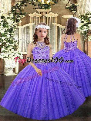 Latest Tulle Halter Top Sleeveless Lace Up Beading and Ruffles Kids Formal Wear in Lavender