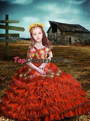 Orange Red Short Sleeves Floor Length Embroidery and Ruffled Layers Lace Up Little Girl Pageant Dress