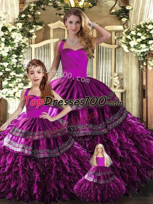 Fuchsia Organza Lace Up Halter Top Sleeveless Floor Length Quinceanera Gowns Embroidery and Ruffles