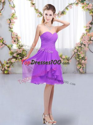Sleeveless Chiffon Knee Length Lace Up Quinceanera Court of Honor Dress in Lavender with Ruffles and Ruching