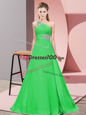 Elegant Green One Shoulder Neckline Beading Prom Gown Sleeveless Lace Up