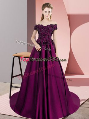 Sleeveless Satin Court Train Zipper Quince Ball Gowns in Purple with Lace